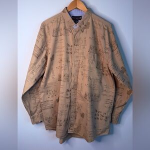 New River Fishing Print Tan Button Up Shirt Cotton Large Outdoors